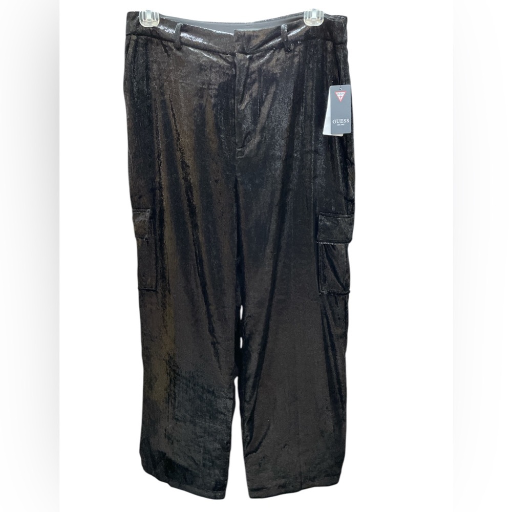 GUESS Women's Jolie High-Rise Velvet Cargo Pants Size L Black Satin Cargo Pants - Picture 8 of 12